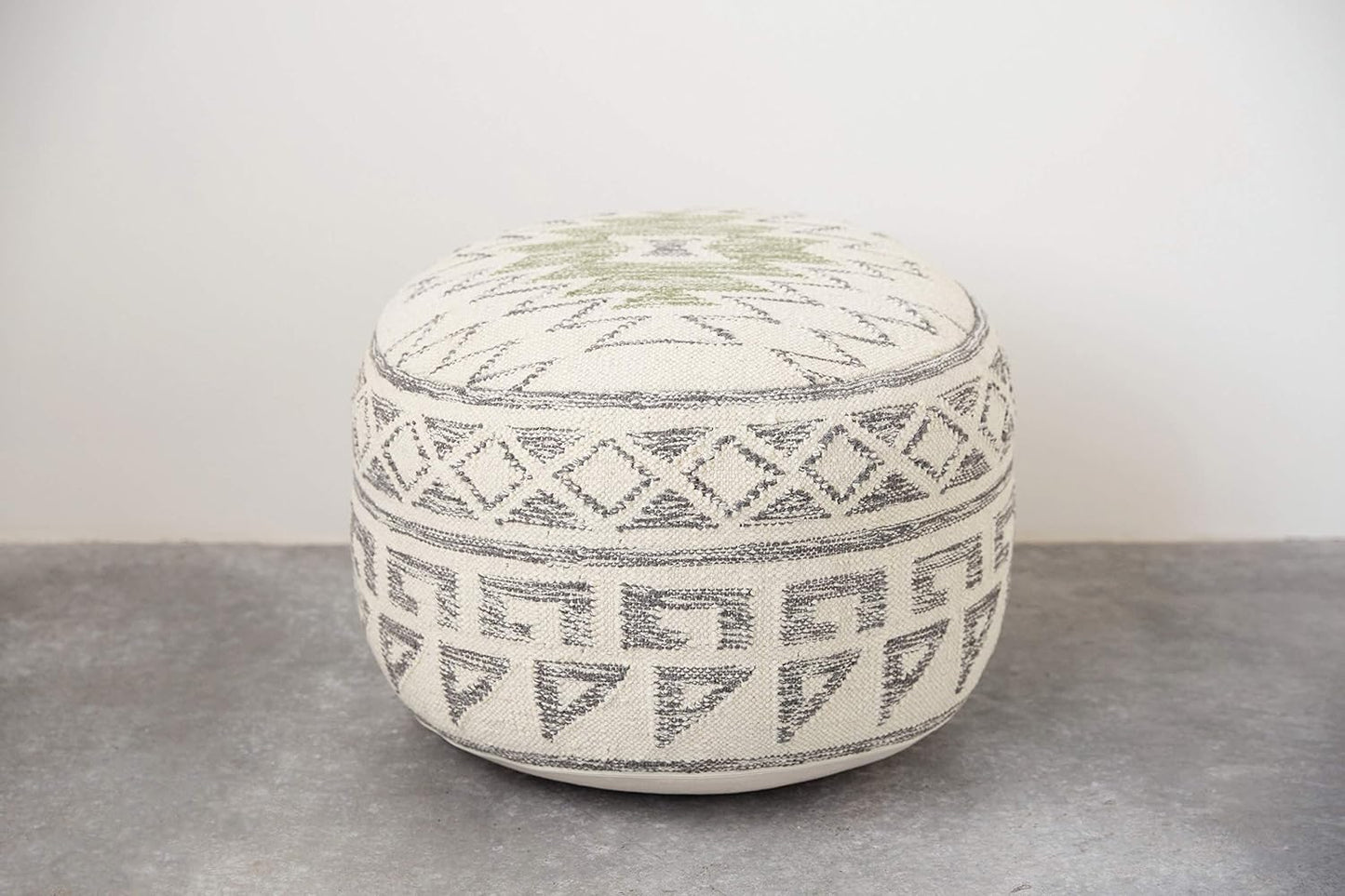 Boho round Wool Blend Kilim Pouf with Geometric Design, Multicolor