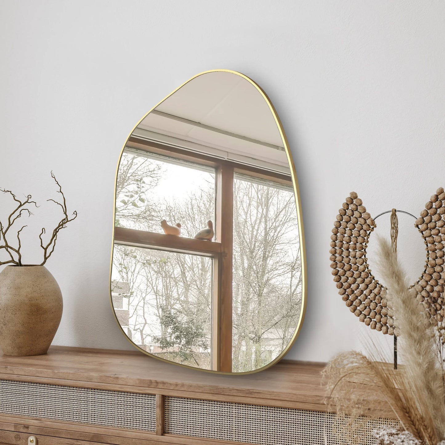 Irregular Wall Mirror Asymmetrical Mirror, 28''X20'' Golden Wood Framed Mirror for Bathroom Bedroom Living Room Entryway